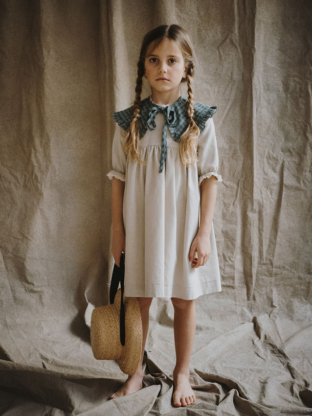 VESTIDO CORTO 2 OREJAS. Cotton tostado con escocés PV m/f