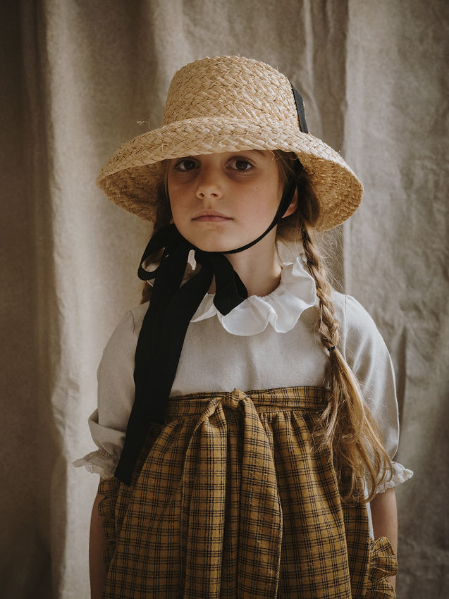 VESTIDO CARLOTA CORTO cotton tostado con delantal volantito escocés pv M/F
